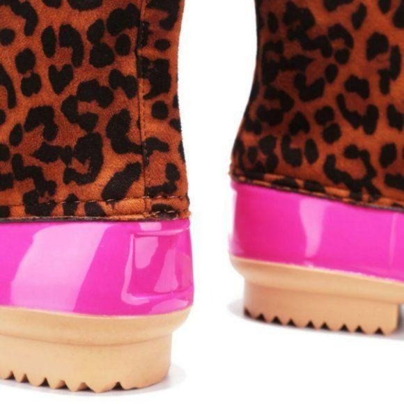 Pink Leopard Lace-up Faux Leather Duck Boots - Picture 3 of 4